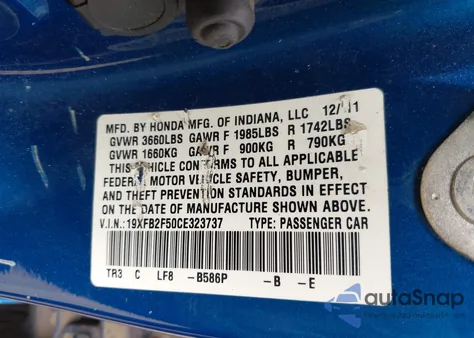 2012 Honda Civic Lx z USA, uszkodzony, nr VIN 19XFB2F50CE323737